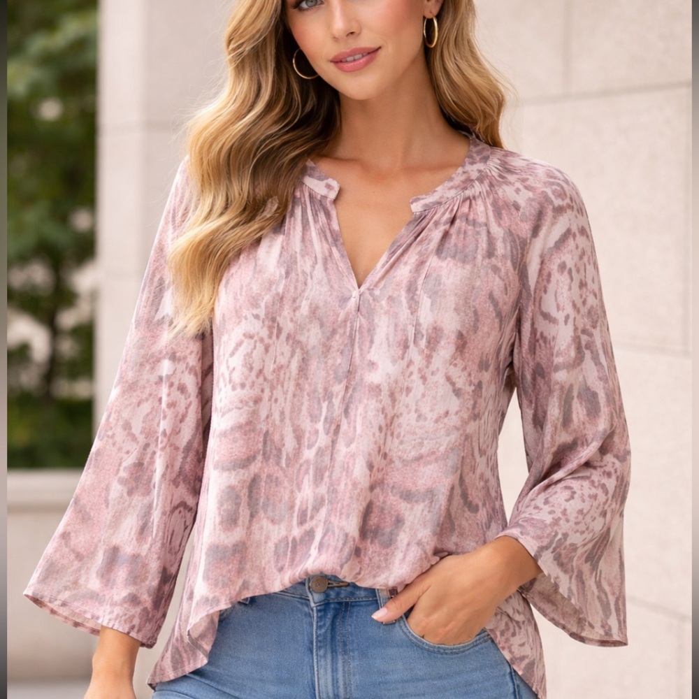 Young Fabulous Broke Animal Print Pink Flowy Blouse Flare Sleeves High Low Top